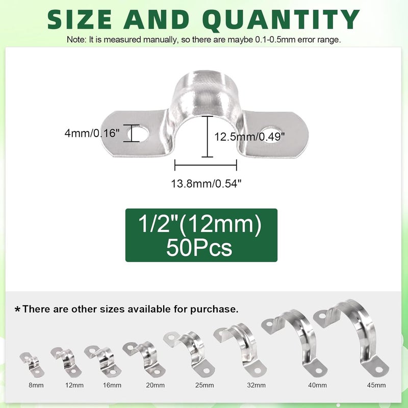 Keadic 50Pcs M12 Metric Two Hole Strap U Bracket Tube Strap Tension Clips 304 Stainless Steel Heavy Duty Rigid Pipe Strap Clamp, for Pipe Fixing on Various Surfaces - Image 2